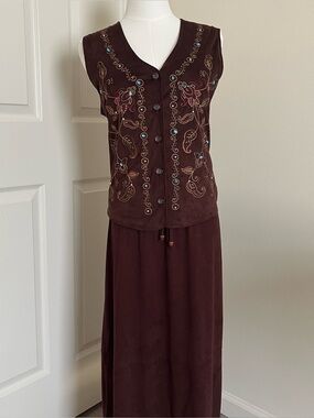 Vintage White Stag Beaded Embroidered 2 Piece Vest Skirt Set Womens Size M Boho